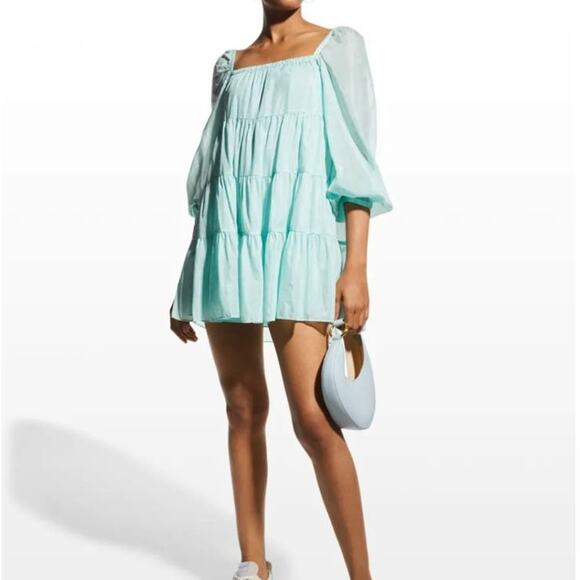 Alice + Olivia Rowen Tiered Square Neck Mini Dress Blue Puff Sleeves XS Preowned - Picture 2 of 9